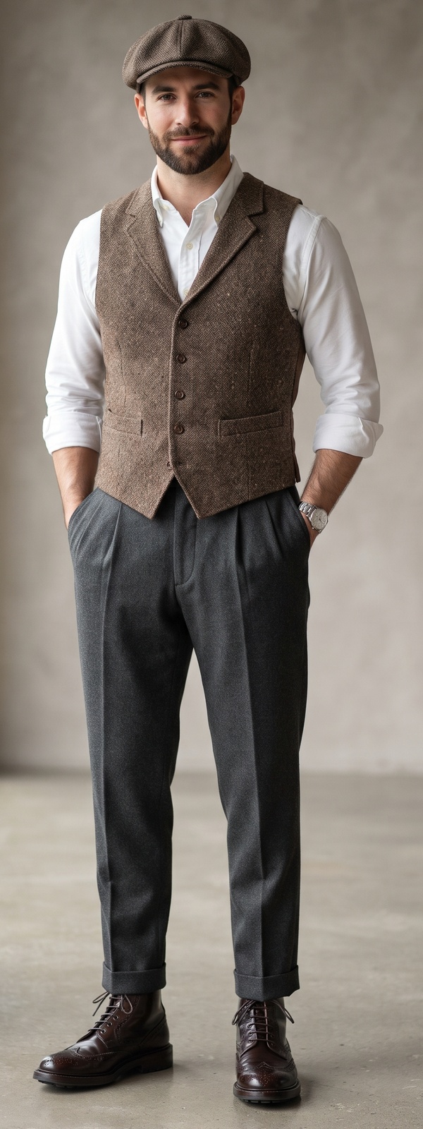 Brown Tweed Vest with Baker Boy Cap and Charcoal Flannel Dress Pants