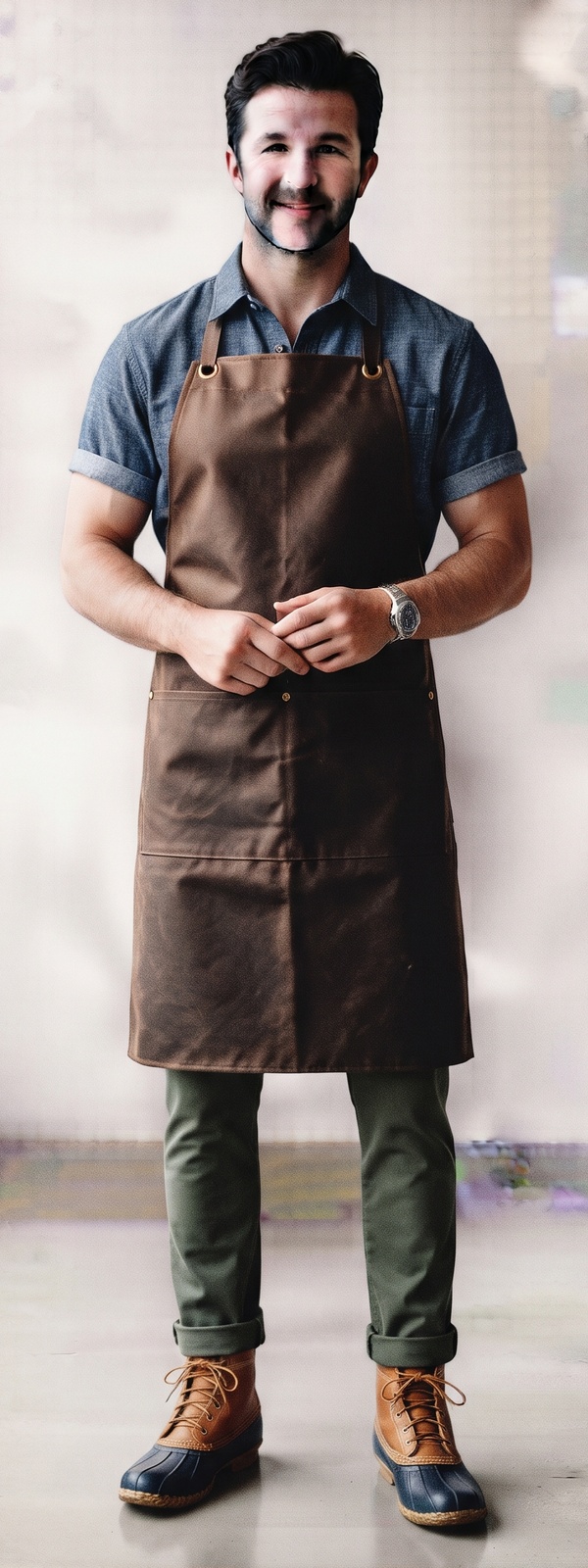 Brown Waxed Canvas Workshop Apron with Chambray Shirt and Duck Boots