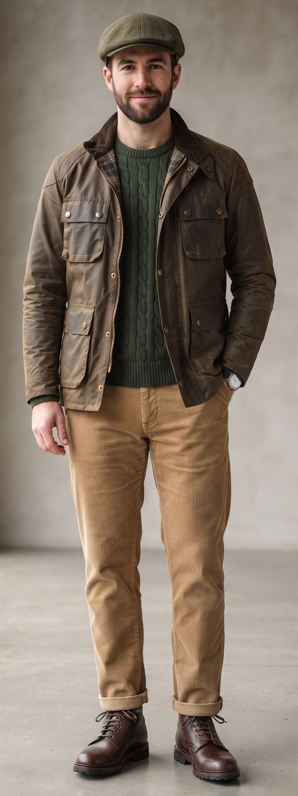 Brown Waxed Cotton Field Jacket with Cable Sweater and Corduroy Pants