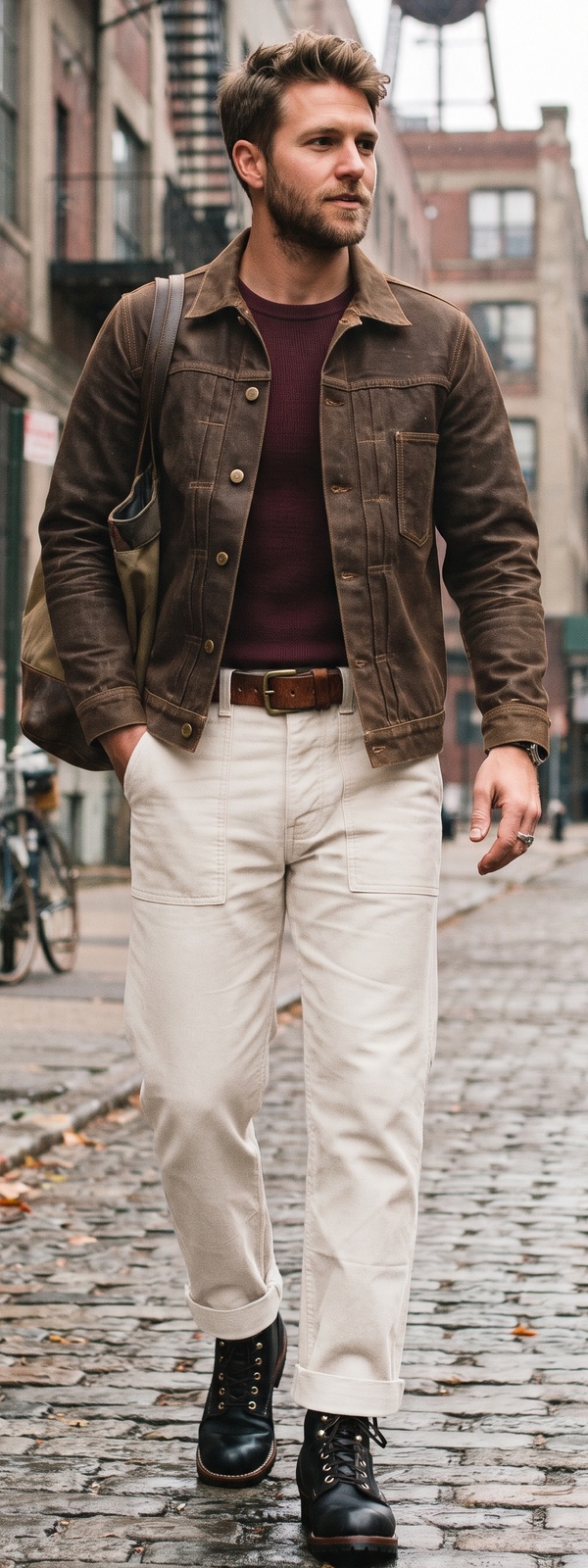 Heritage Brown Waxed Trucker Jacket and Ecru Fatigue Pants Look