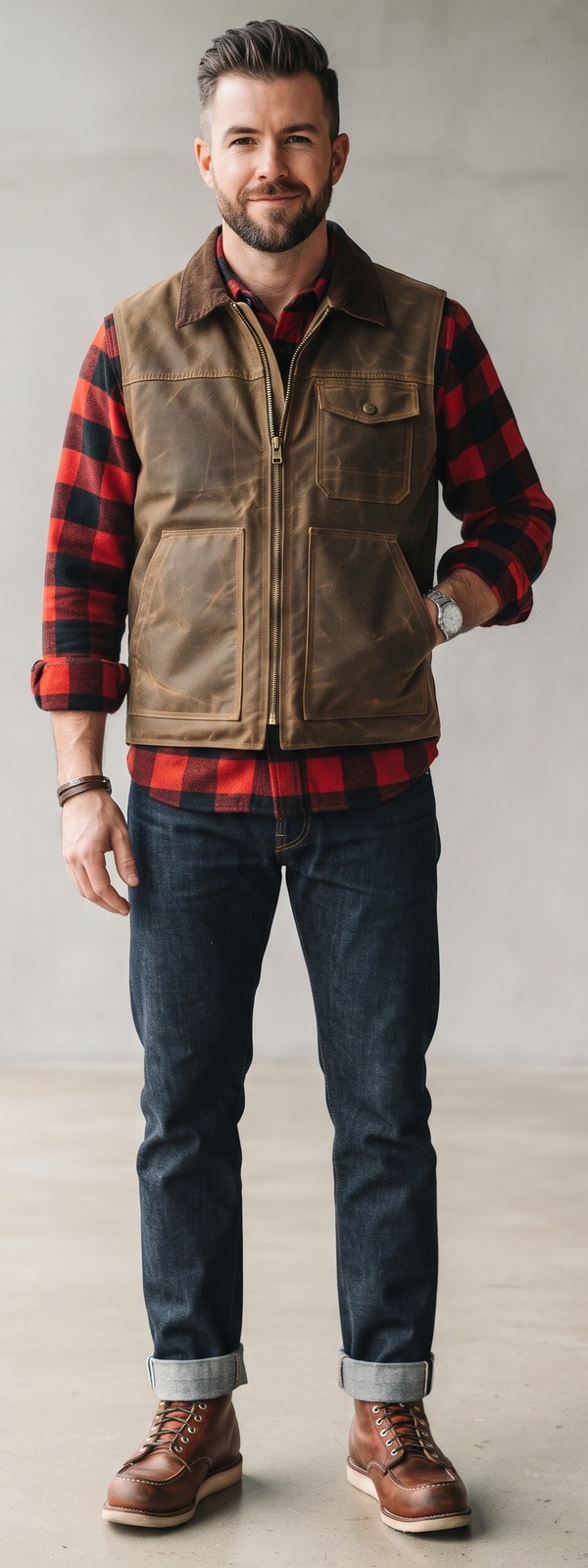 Rugged Brown Waxed Vest with Buffalo Check Flannel Shirt and Cuffed Jeans