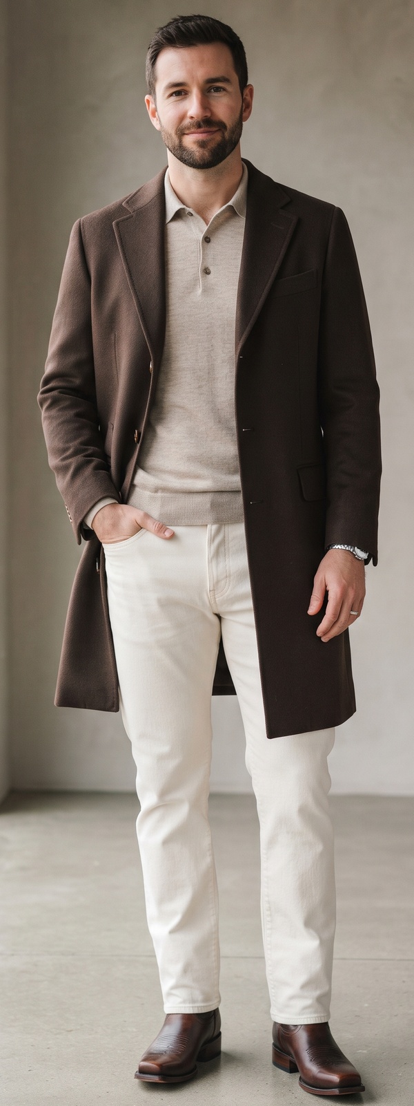 Chocolate Brown Wool Overcoat with Knit Polo and Cream Straight Jeans