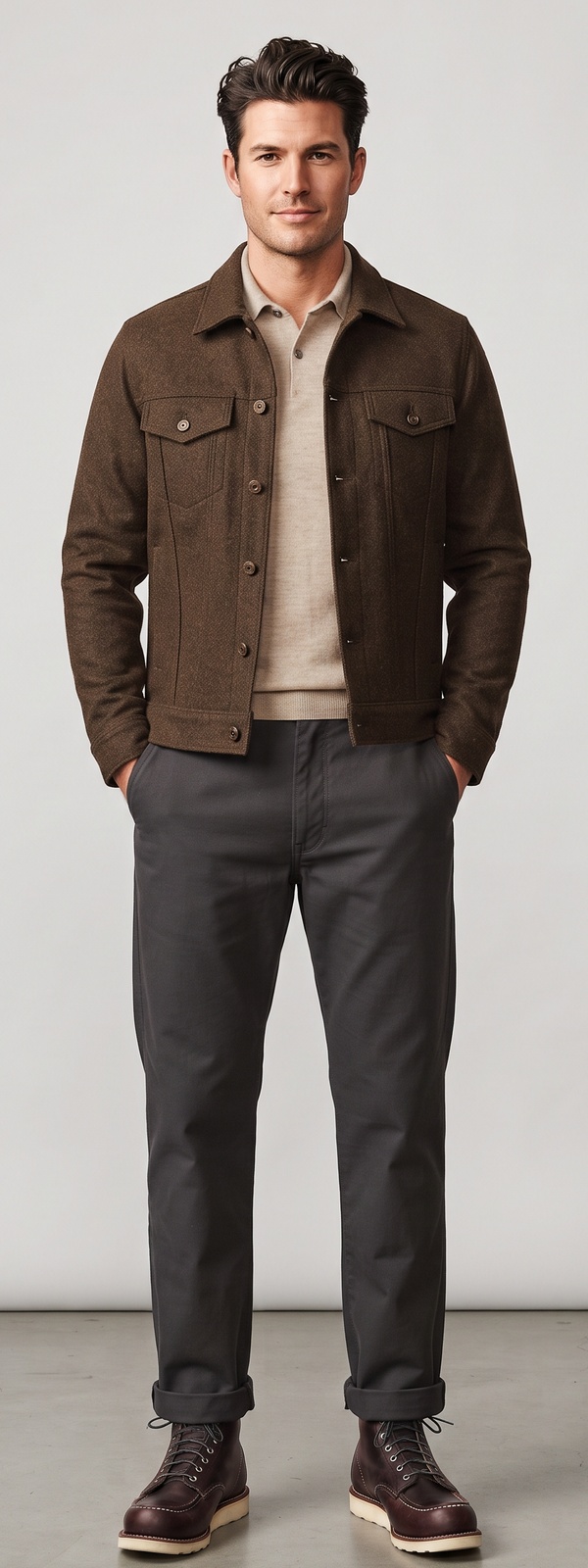 Brown Wool Trucker Jacket Beige Knit Polo and Charcoal Chino Pants Look
