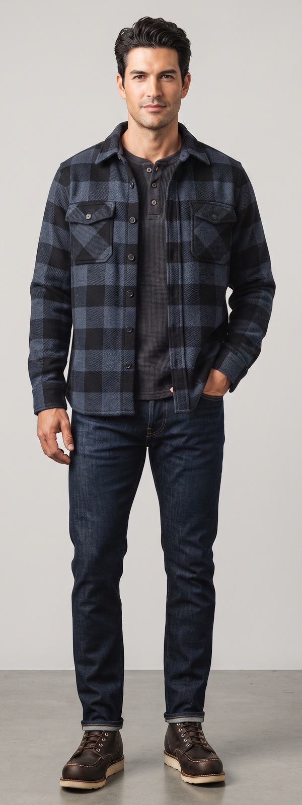 Buffalo Check Flannel Shirt Jacket Charcoal Henley and Dark Denim Look