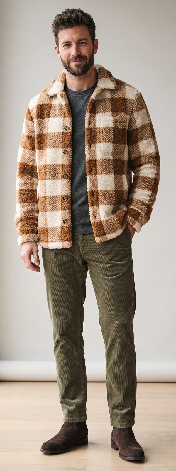 Buffalo Check Fleece Shirt Jacket with Corduroy Pants and Boots