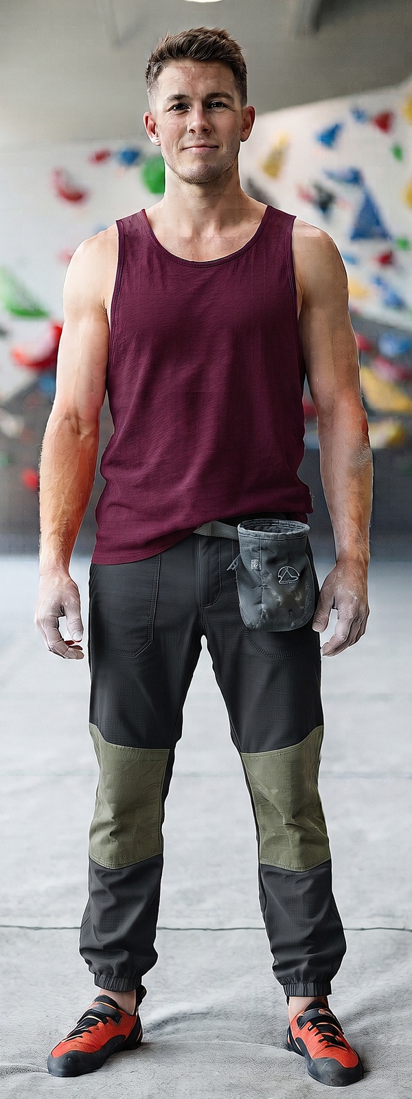 Burgundy Athletic Tank Top and Charcoal Color Block Climbing Pants Look