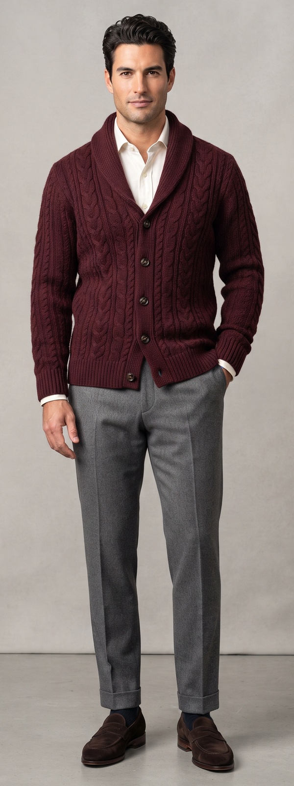 Burgundy Cable Knit Shawl Cardigan White Shirt and Charcoal Dress Pants Look