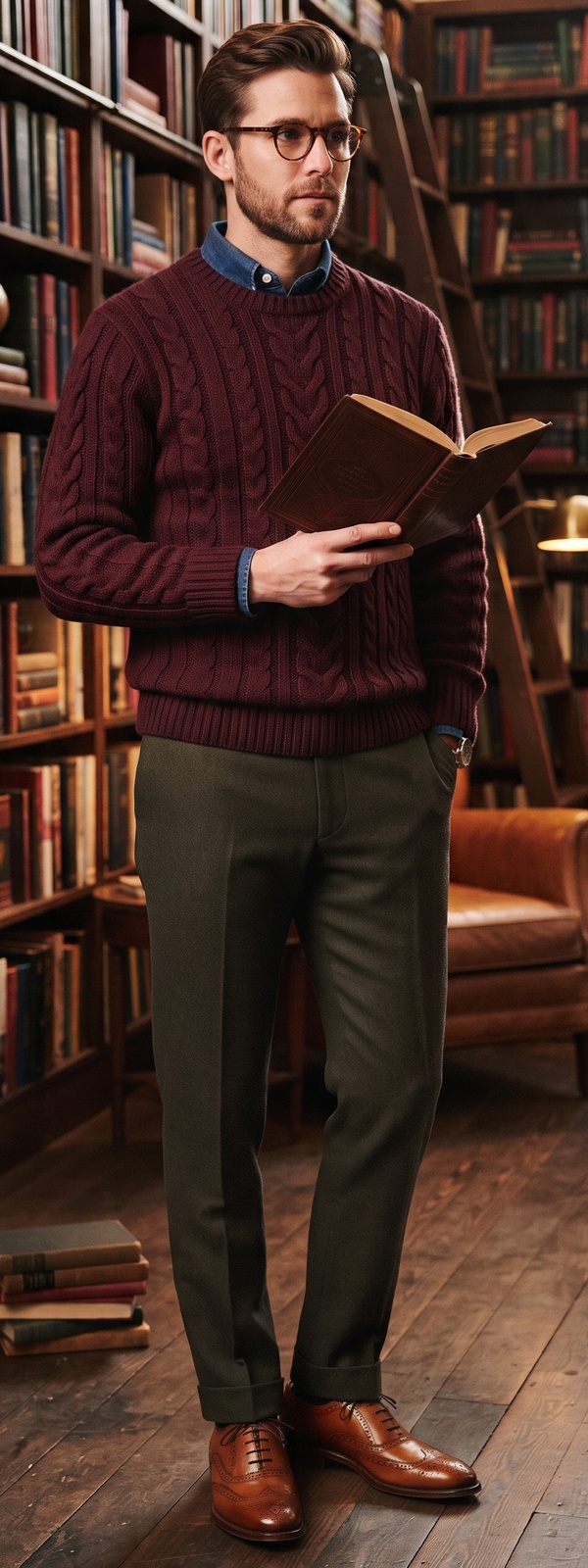 Burgundy Cable Knit Sweater and Olive Wool Dress Pants Library Study Look