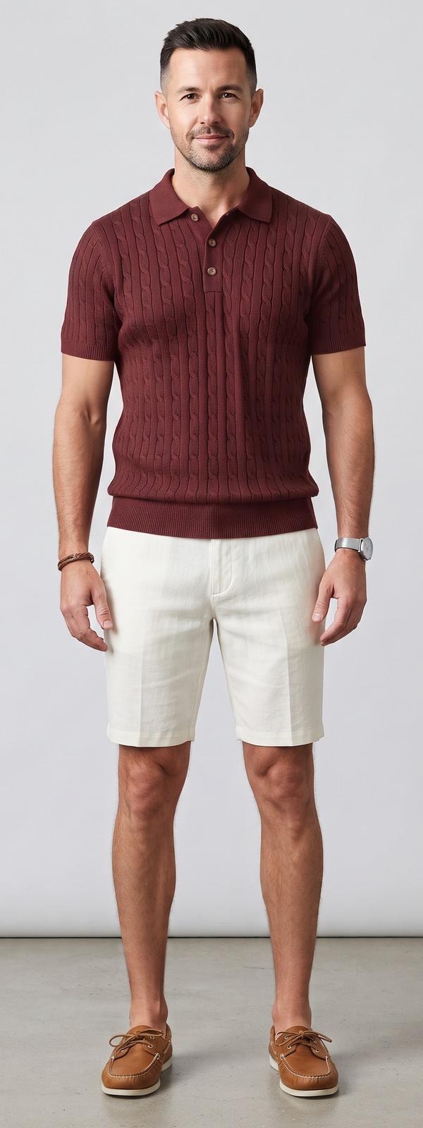 Burgundy Cable Knit Polo and White Linen Shorts Summer Look