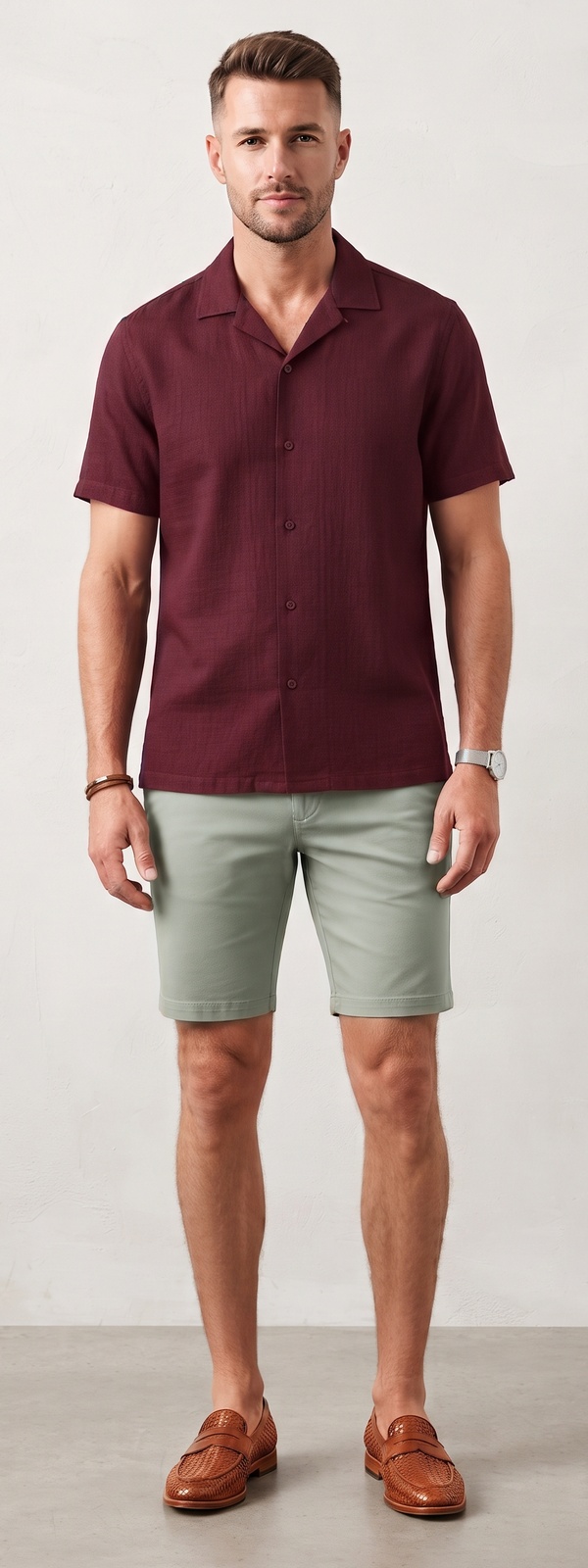 Burgundy Camp Collar Shirt and Sage Green Chino Shorts Look