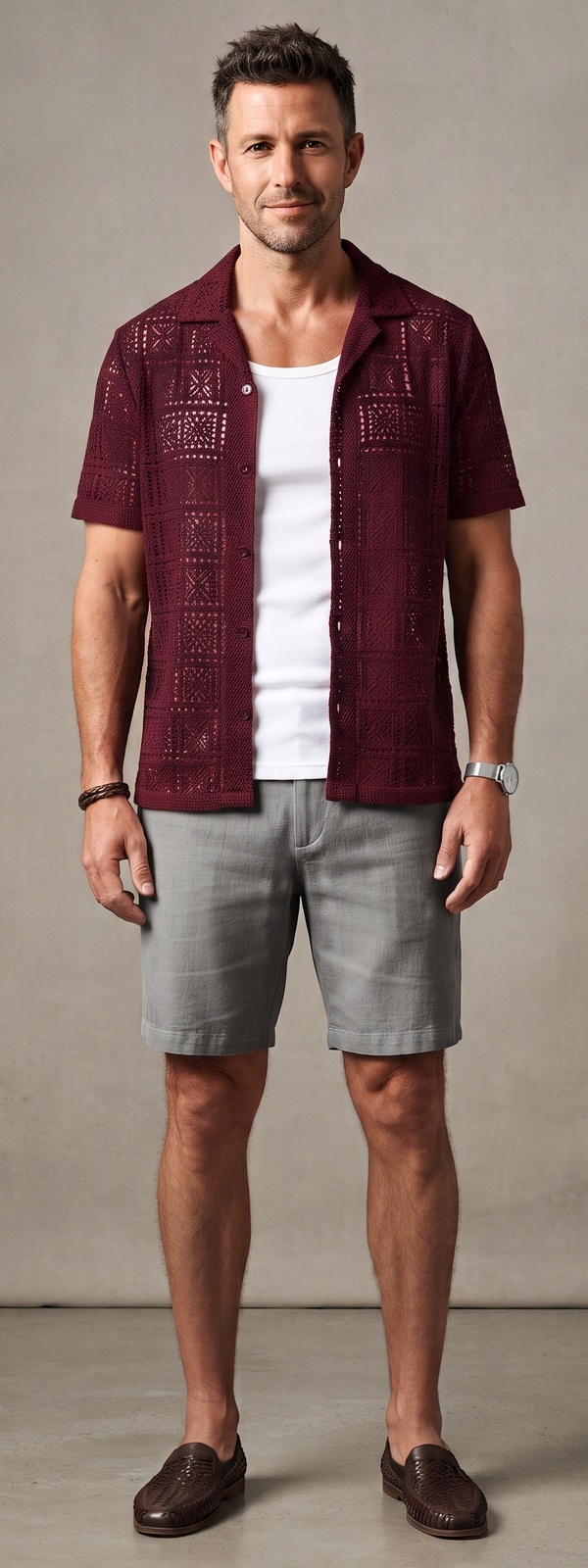 Burgundy Crochet Open Weave Shirt and Grey Linen Shorts Look