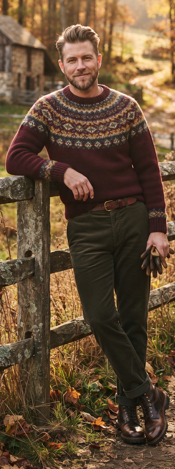 Autumn Countryside Burgundy Fair Isle Sweater and Corduroy Pants Look