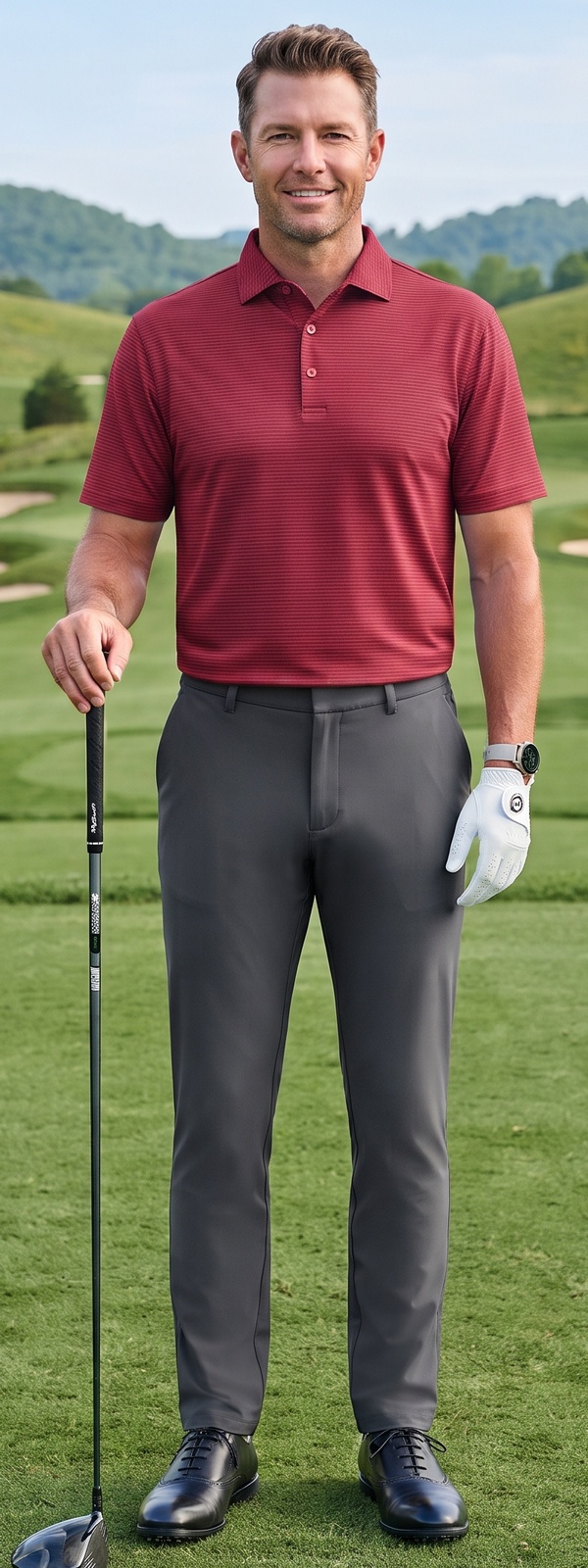 Burgundy Stripe Golf Polo and Charcoal Stretch Pants Course Look