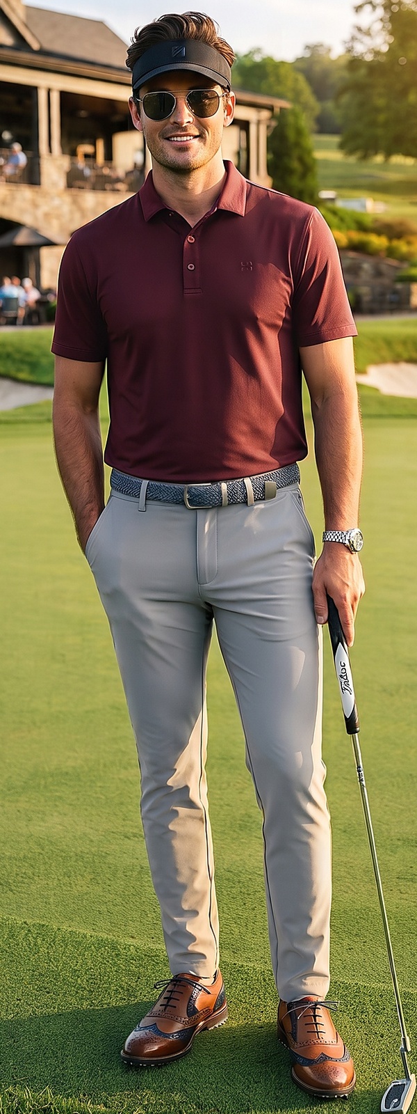 Modern Burgundy Golf Polo and Dove Grey Pants Green Look