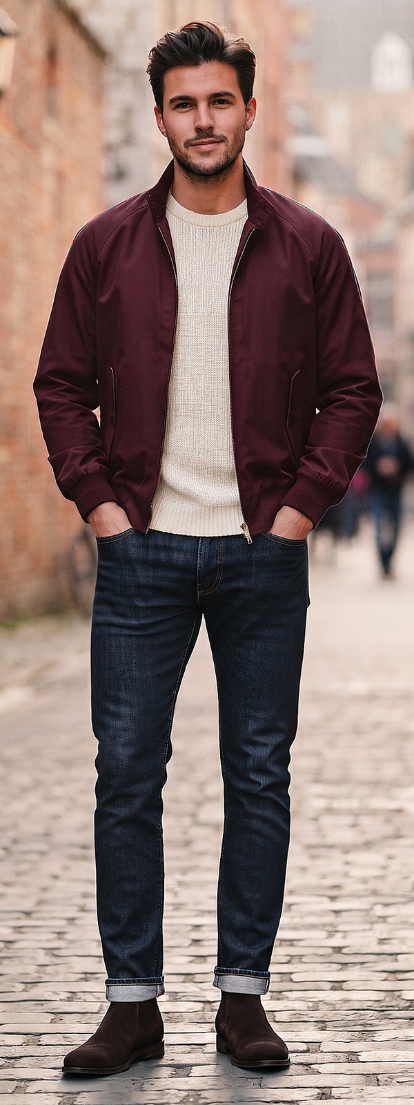 Burgundy Harrington Jacket Waffle Sweater and Dark Indigo Raw Denim Jeans