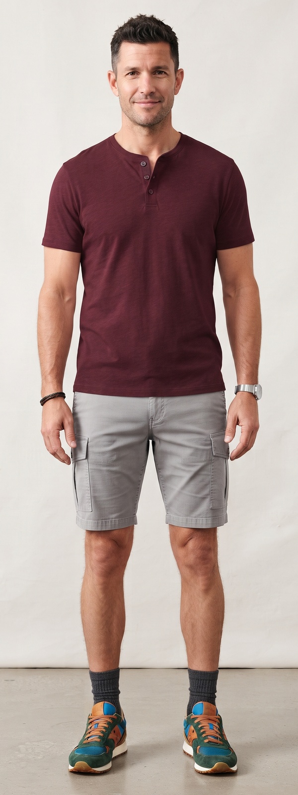 Burgundy Henley Tee and Grey Cargo Shorts Casual Summer Look