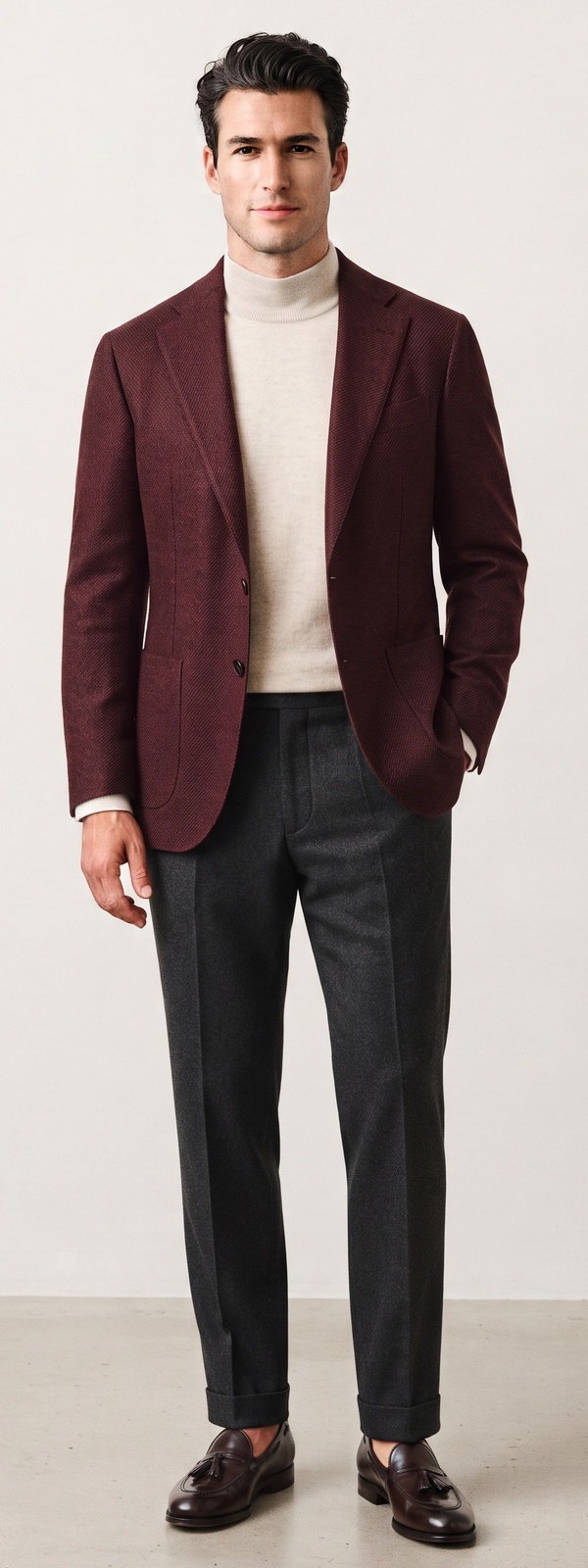 Sartorial Burgundy Wool Hopsack Blazer Oatmeal Mock Neck and Charcoal Pants Look