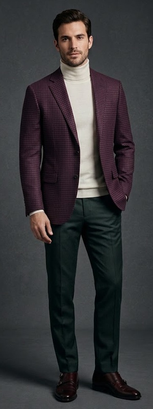 Refined Burgundy Houndstooth Blazer with Cream Turtleneck and Forest Green Dress Pants