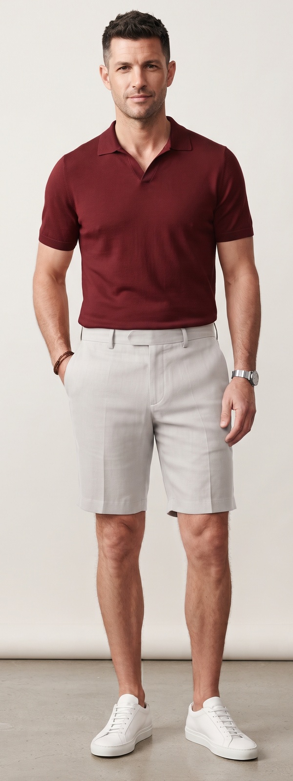 Burgundy Johnny Collar Knit Polo and Stone Chino Shorts Look