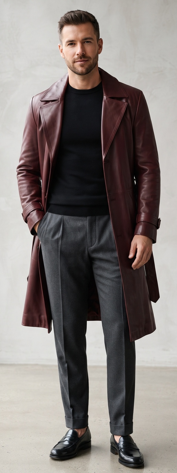Burgundy Leather Overcoat with Black Sweater and Grey Pleated Pants
