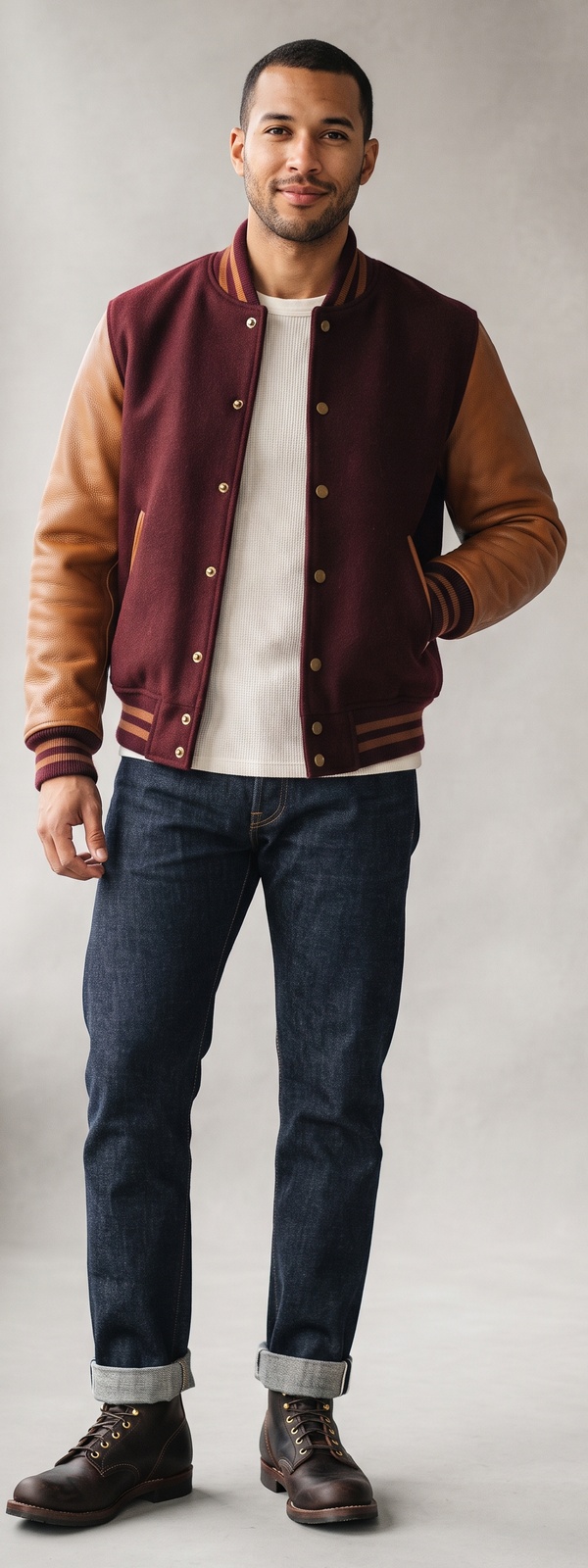Burgundy and Tan Leather Varsity Jacket With Cream Waffle Shirt and Cuffed Selvedge Jeans