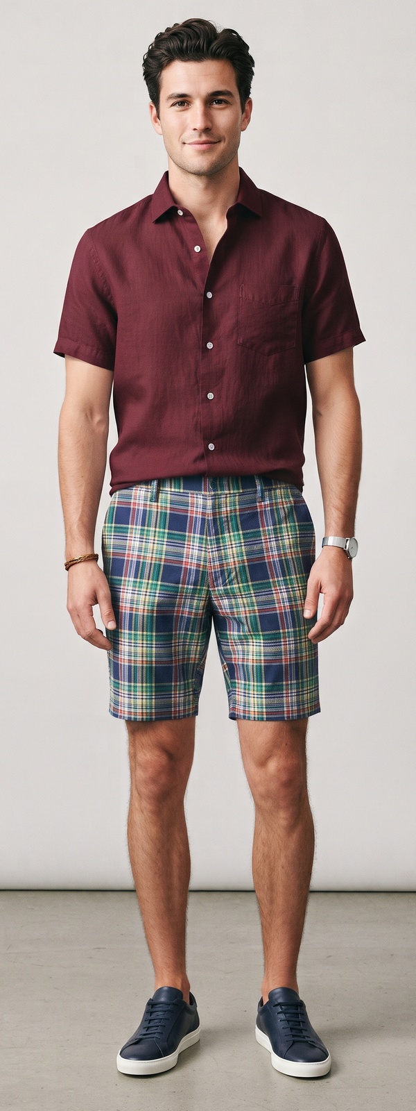 Burgundy Linen Shirt and Madras Plaid Shorts Summer Look