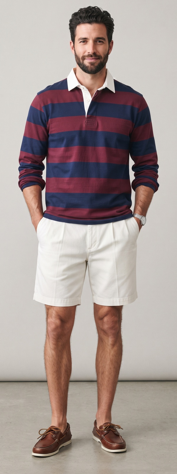 Burgundy and Navy Striped Rugby Shirt with White Pleated Shorts