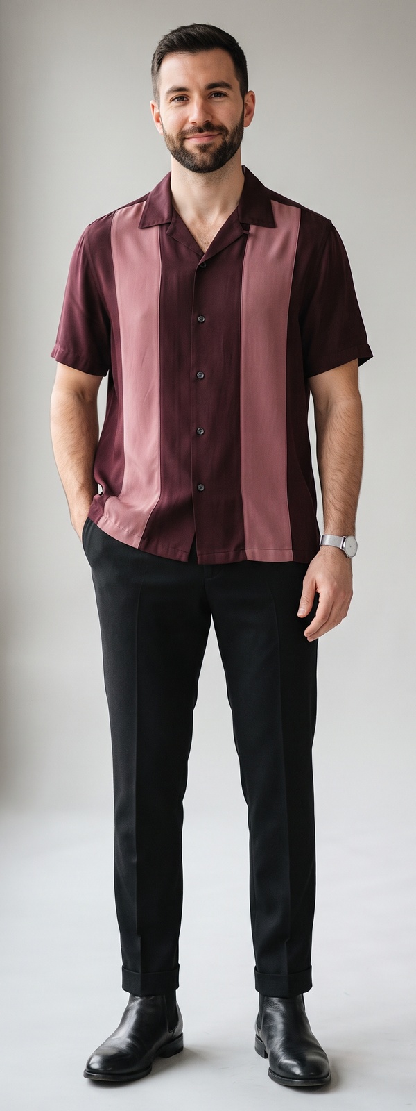 Moody Burgundy Panel Bowling Shirt and Black Dress Pants With Chelsea Boots