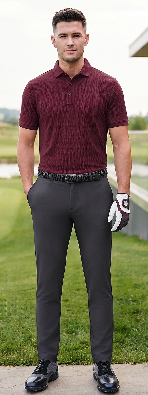 Burgundy Performance Polo and Charcoal Golf Pants Country Club Ensemble
