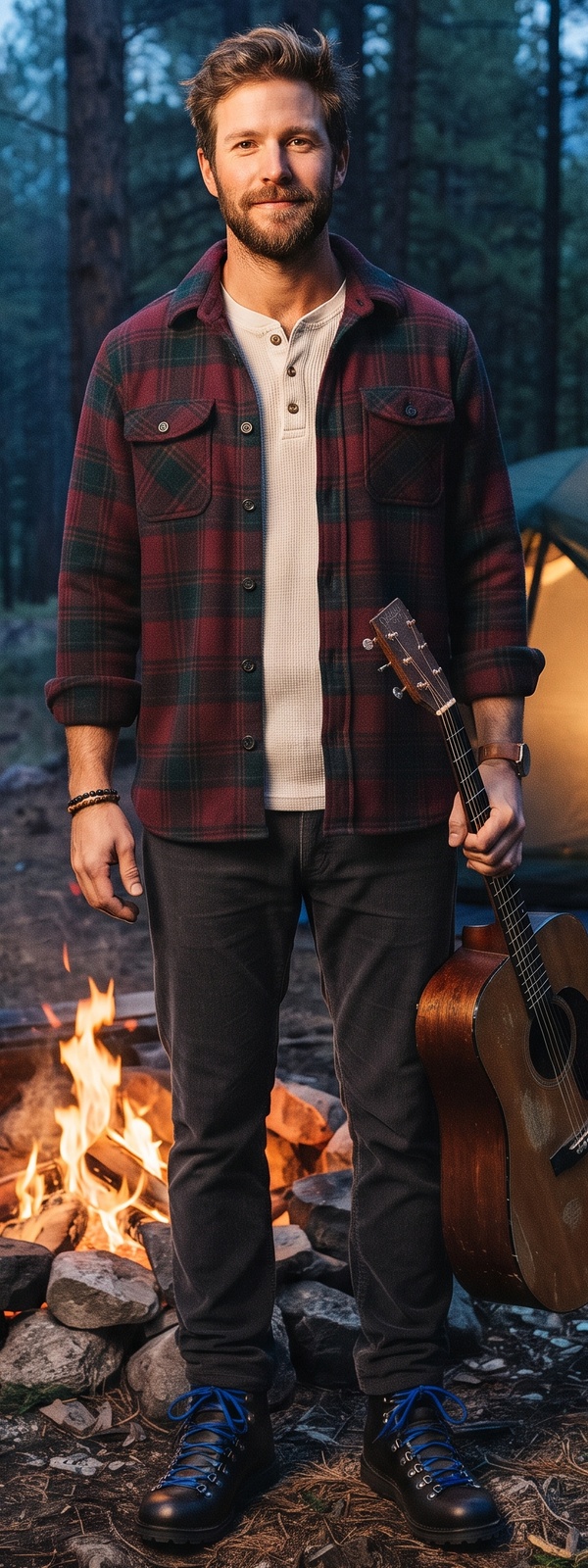 Burgundy Plaid Fleece Overshirt and Charcoal Corduroy Pants Campfire Look