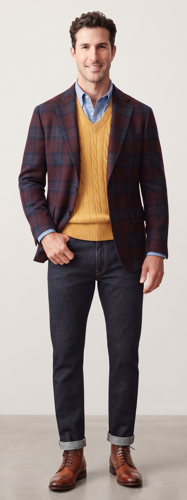 Autumn Heritage Burgundy Plaid Wool Blazer Yellow Cable Knit Vest and Selvedge Denim Look