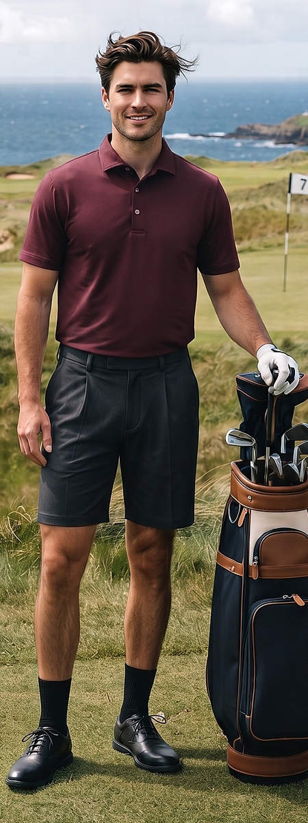 Chic Burgundy Athletic Polo and Charcoal Pleated Golf Shorts Look