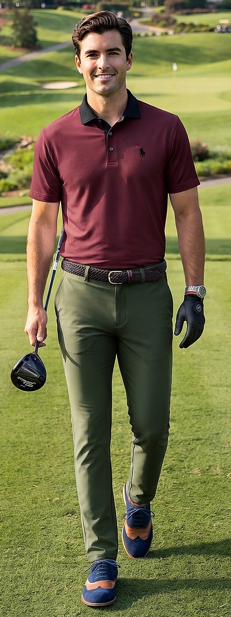 Rich Burgundy Performance Polo and Olive Green Fairway Pants Look