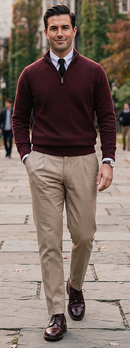 Collegiate Burgundy Quarter Zip Sweater and Khaki Dress Pants Look