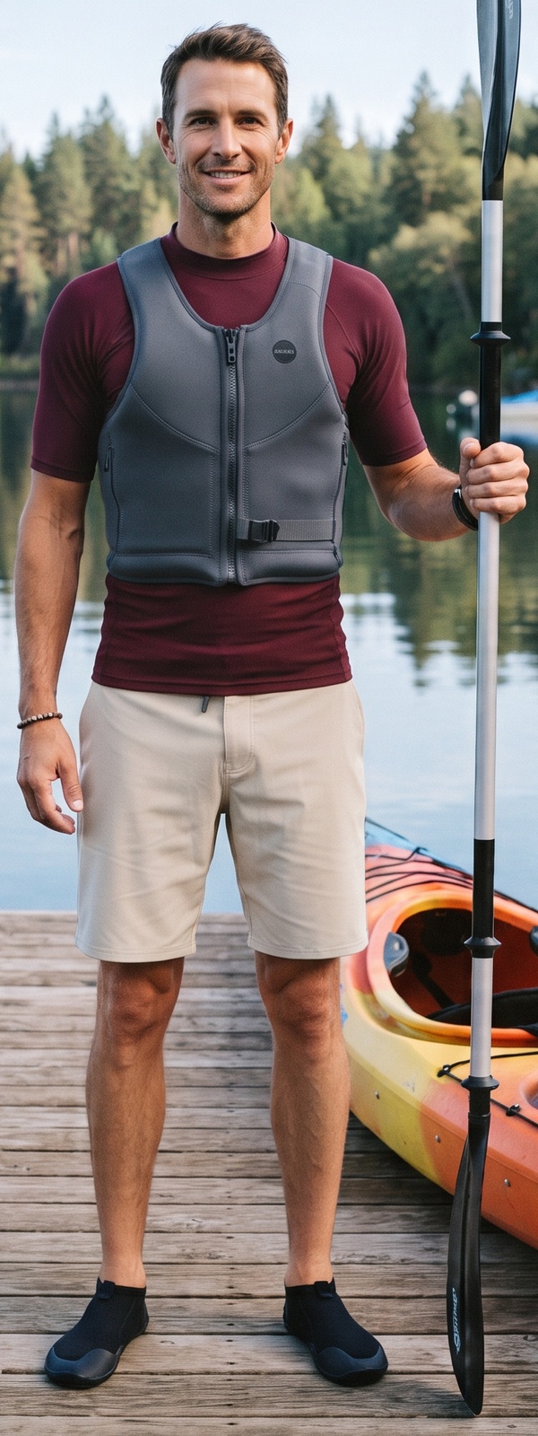 Burgundy Rashguard and Charcoal Neoprene Life Vest Lake Kayaking Look