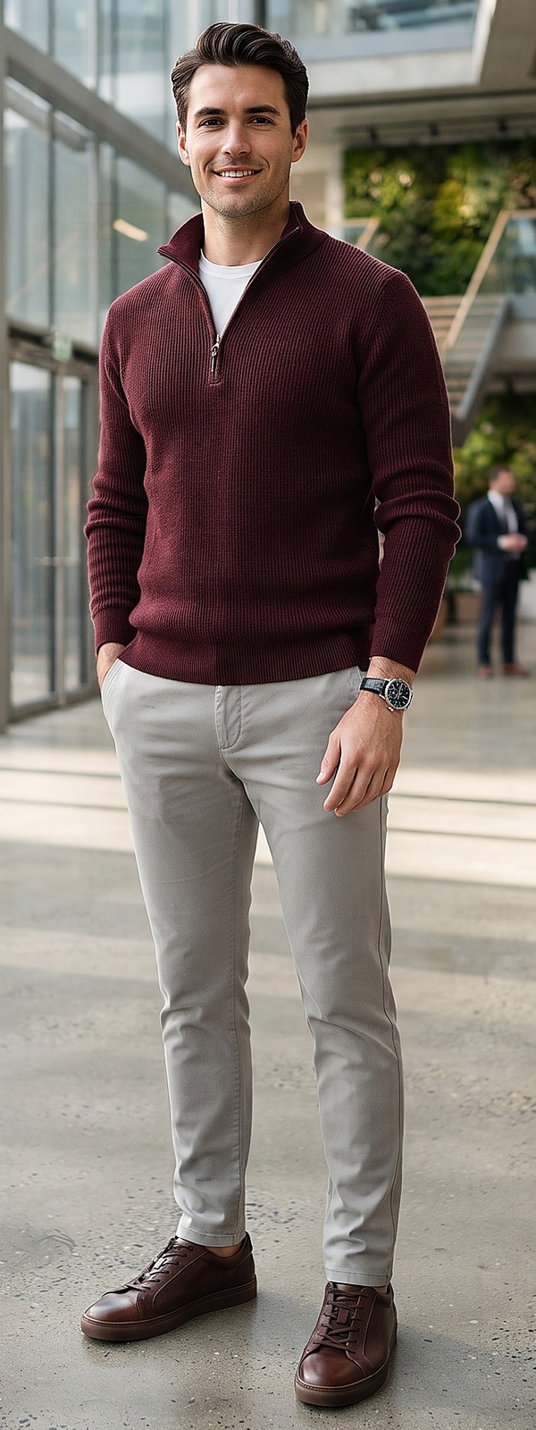 Sophisticated Burgundy Ribbed Sweater and Grey Chino Pants Look