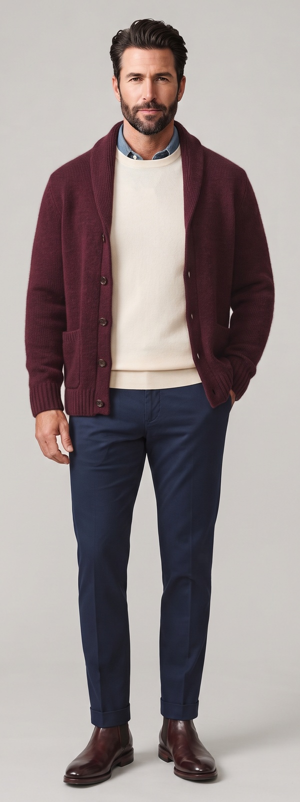 Burgundy Shawl Cardigan Cream Knit and Navy Dress Pants Look