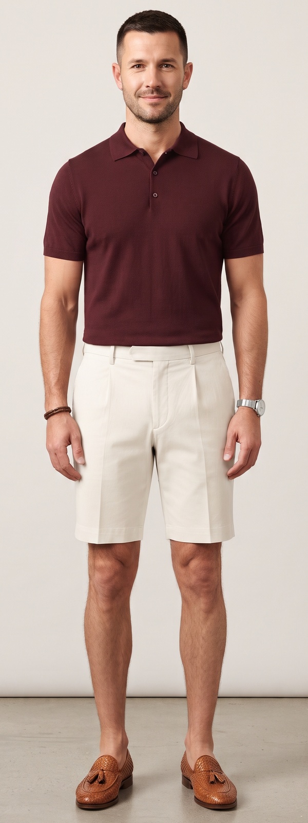 Burgundy Silk Knit Polo and Off White Pleated Shorts Summer Look