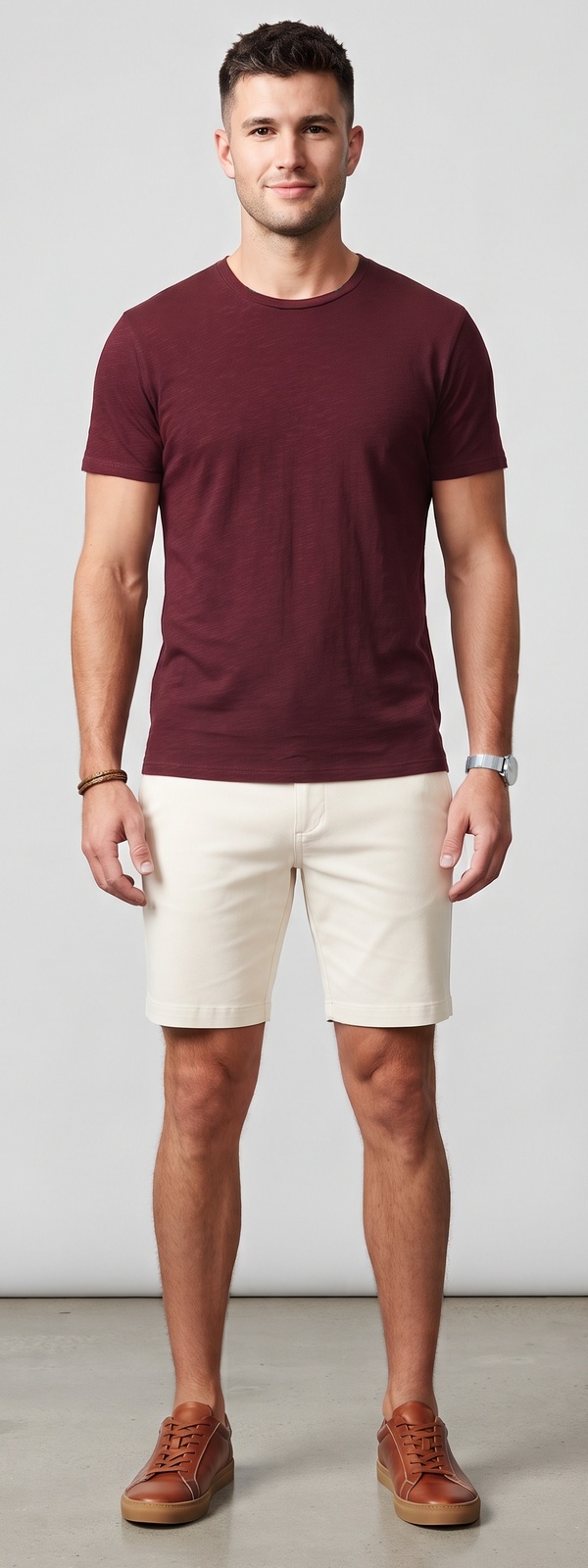 Burgundy Slub Cotton Tee and Off White Chino Shorts Look
