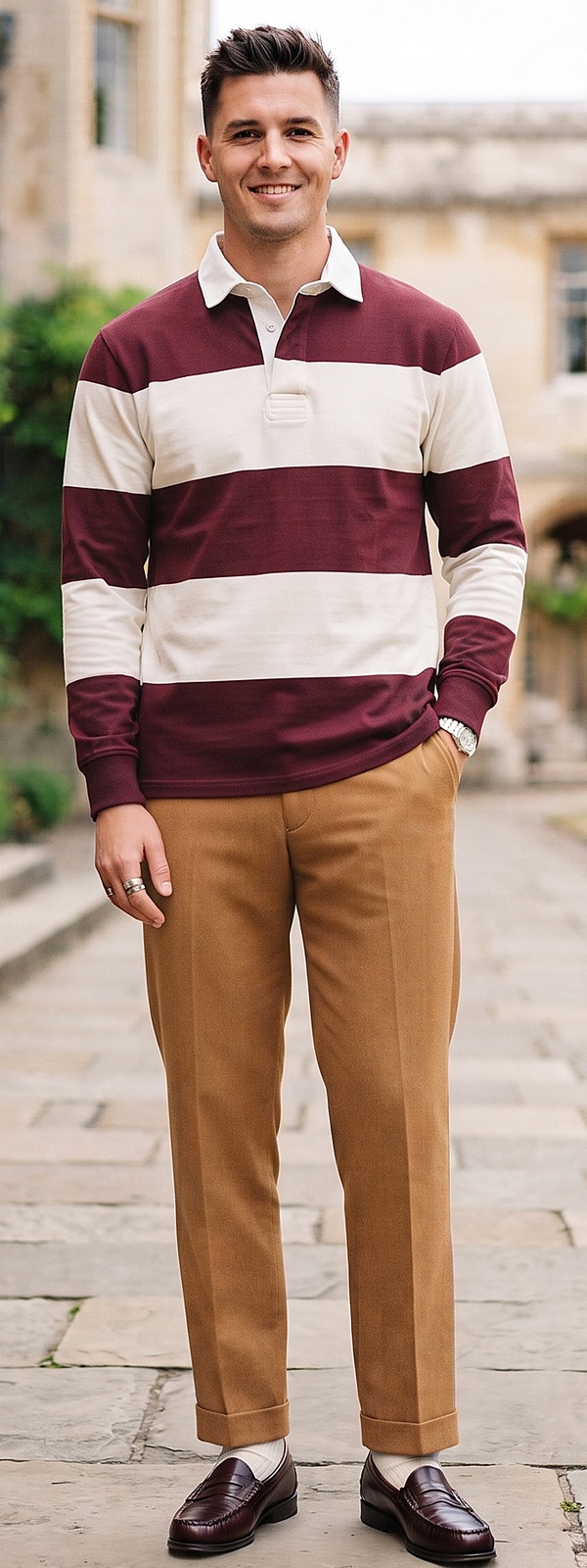 Burgundy Striped Rugby Shirt and Camel Pleated Dress Pants Ivy Look
