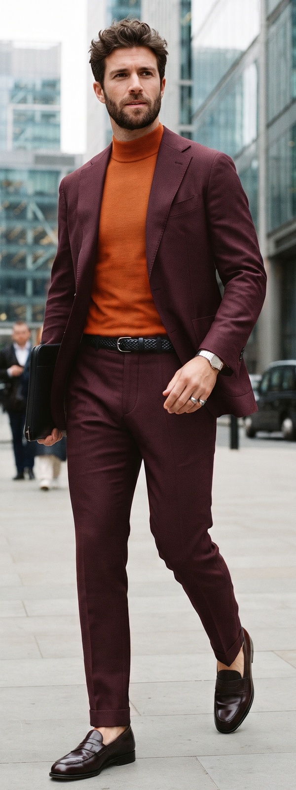Sartorial Burgundy Tailored Suit and Burnt Orange Turtleneck Look