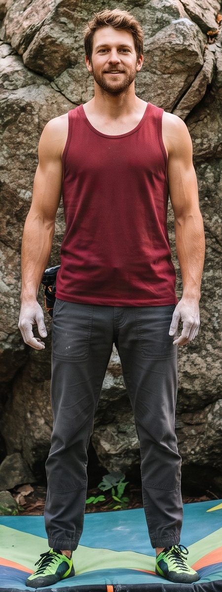 Burgundy Tank Top and Charcoal Stretch Climbing Pants Crag Bouldering Look