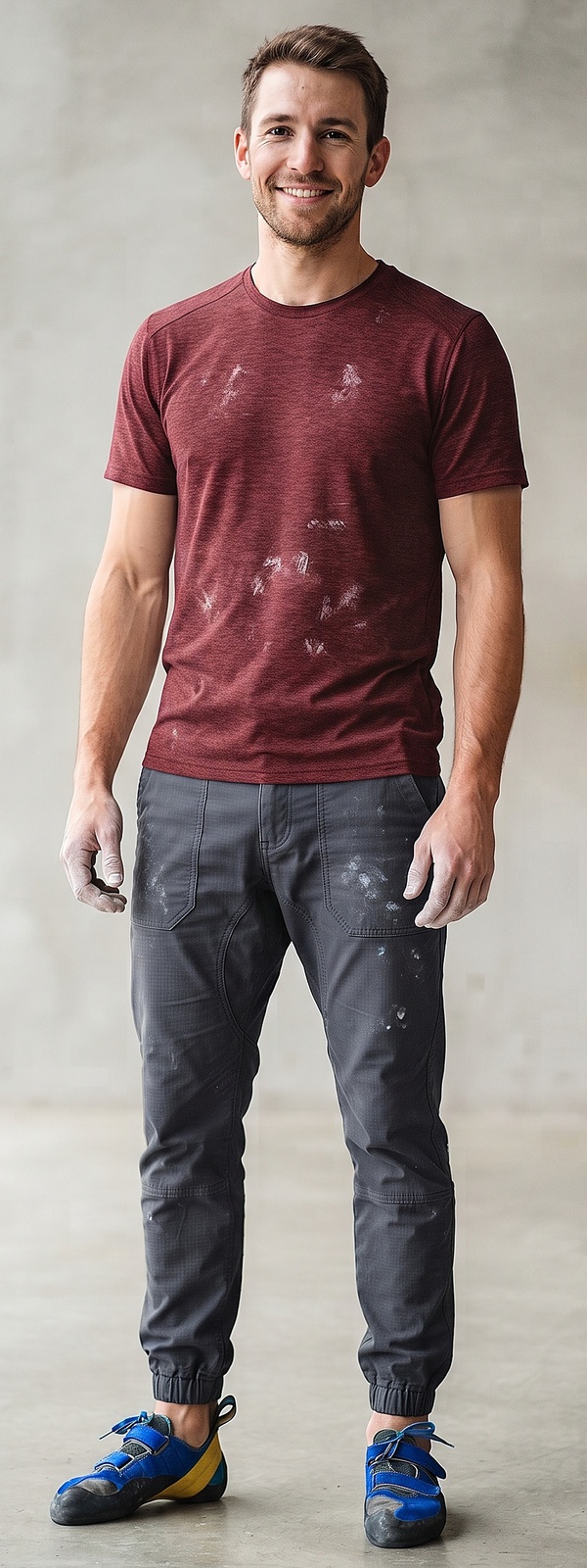 Burgundy Technical Athletic Tee and Charcoal Climbing Jogger Pants Outfit
