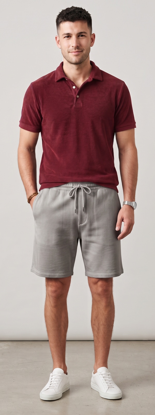 Burgundy Terry Cloth Polo and Grey Sweat Shorts Summer Look