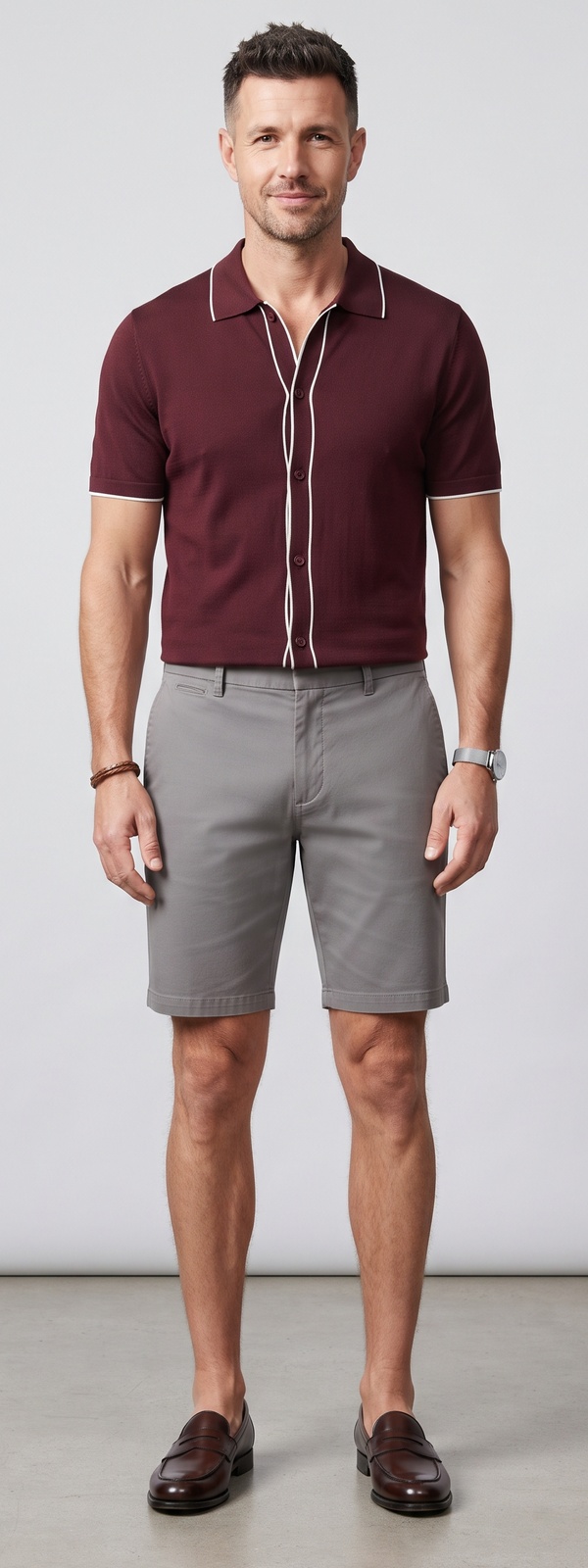 Burgundy Tipped Cardigan Polo and Stone Chino Shorts Summer Look