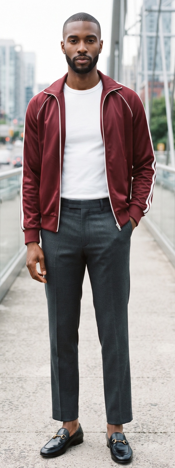 Burgundy Track Jacket, White T-Shirt, and Charcoal Trousers