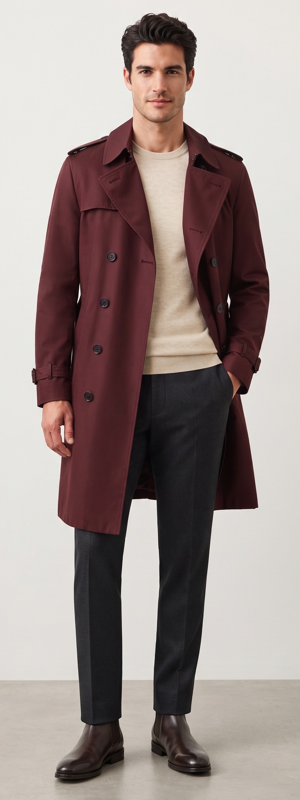 Refined Burgundy Double Breasted Trench Coat Cream Knit and Charcoal Pants Look