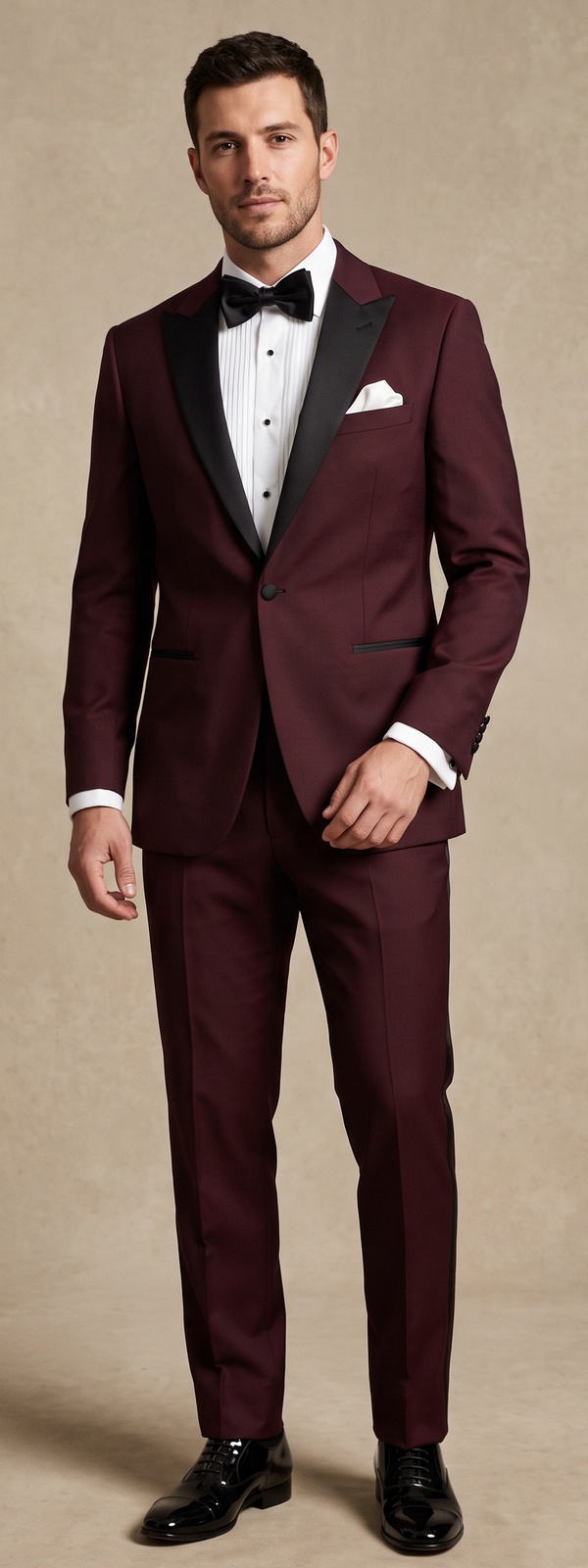 Creative Black Tie Burgundy Tuxedo Suit with Black Satin Peak Lapels