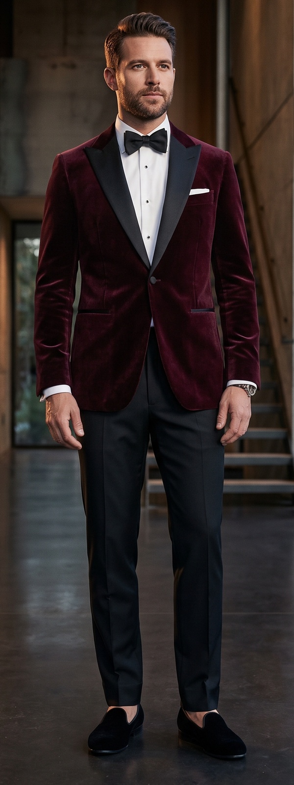 Black Tie Burgundy Velvet Dinner Jacket with Black Satin Lapels Look