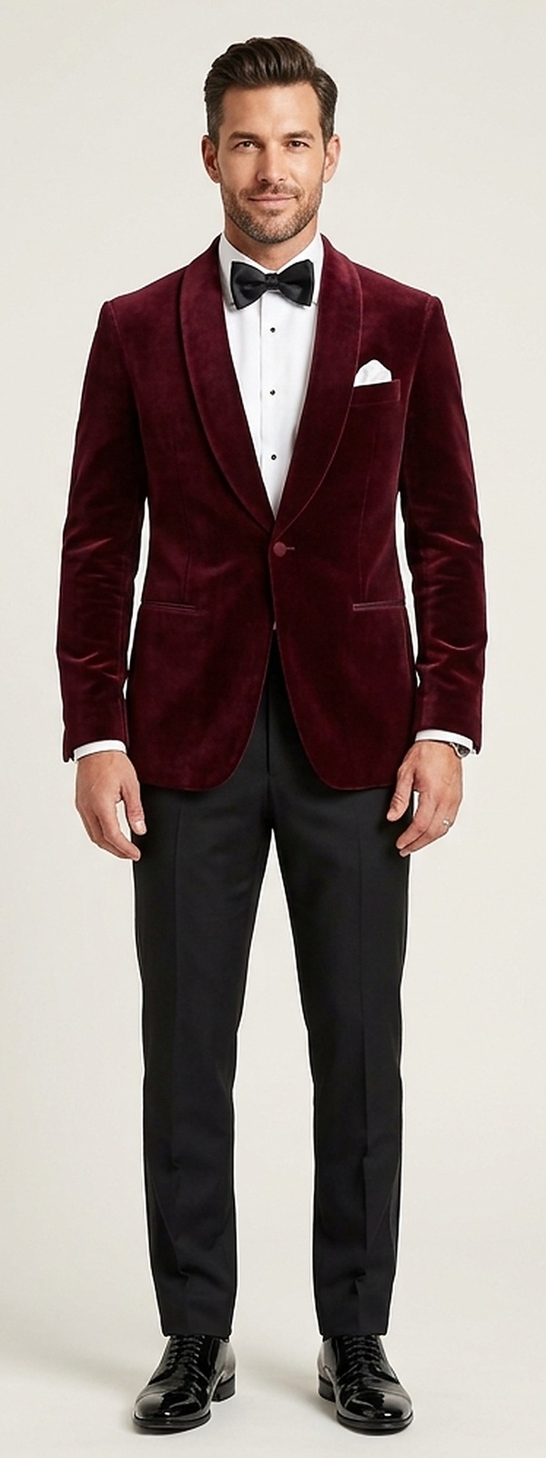 Creative Black Tie Burgundy Velvet Smoking Jacket and Tuxedo Dress Pants Look